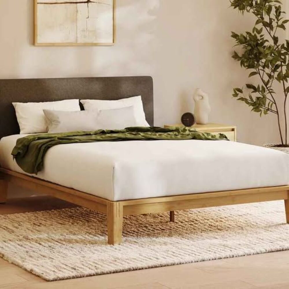 Nectar, Gray Linen Upholstered Headboard, and Bamboo Platform Bed Frame Twin XL